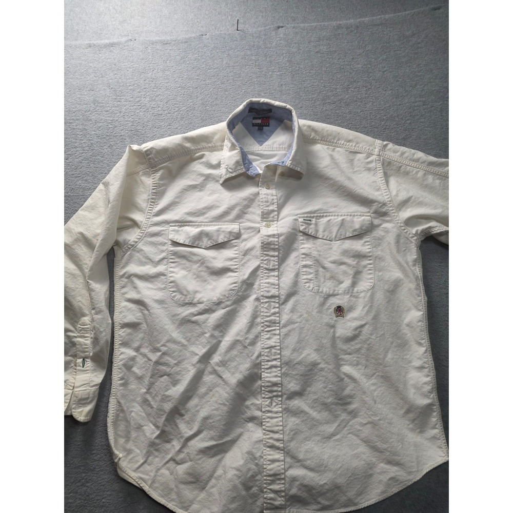 Tommy Hilfiger Mens L Cream Cotton Long Sleeve Button Down Work Shirt Crest Logo